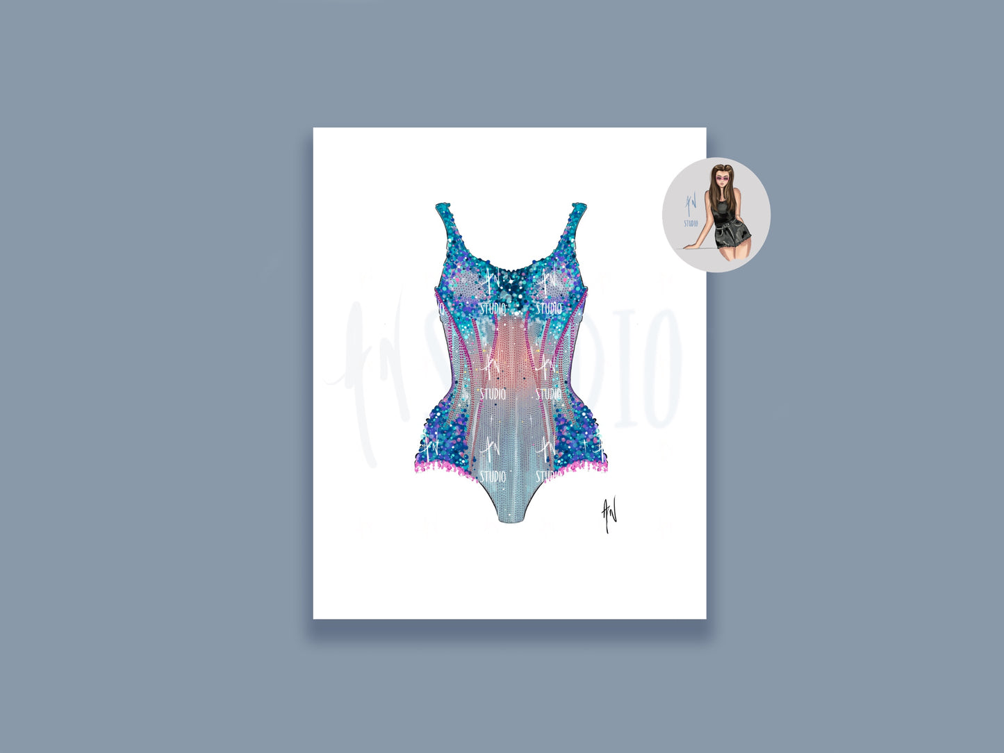 Pink and Blue Sparkle Bodysuit Art Print image 0