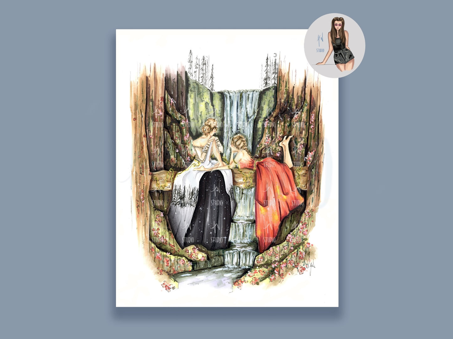 Sisters Whisper By The Falls Art Print image 0