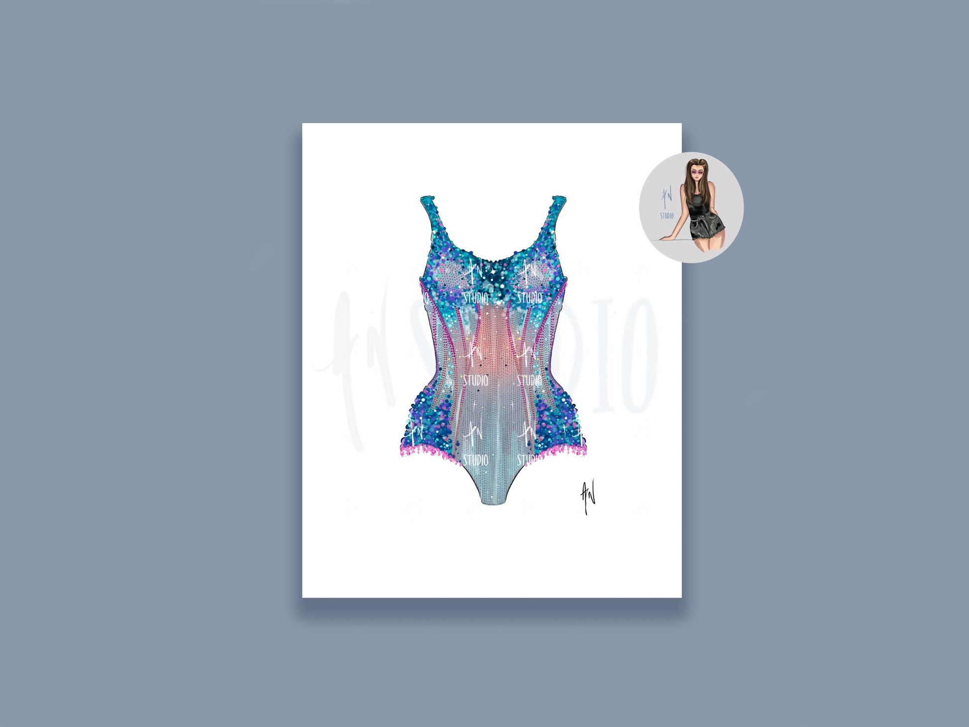 Pink and Blue Sparkle Bodysuit Art Print image 0